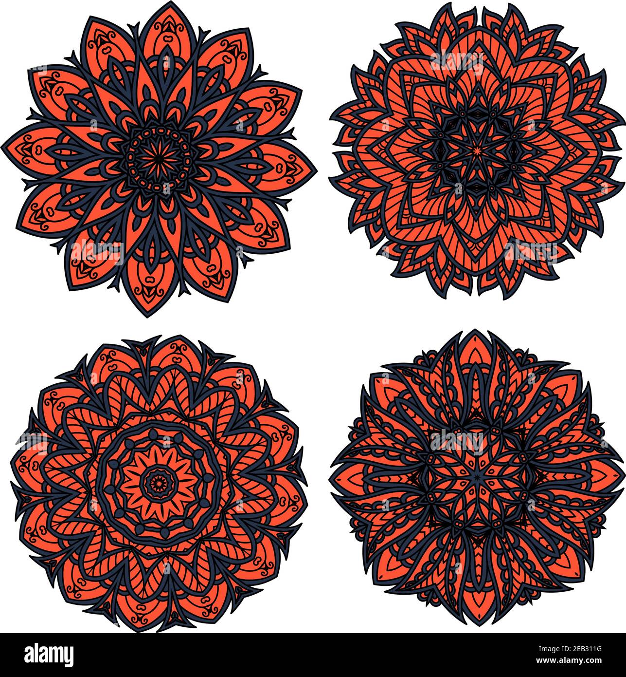 Orangefarbene und schwarze runde Blumenmuster, zusammengesetzt mit abstrakten Blumenelementen und dunklem durchbrochenem Ornament, für Interieuraccessoires oder textile Desi Stock Vektor