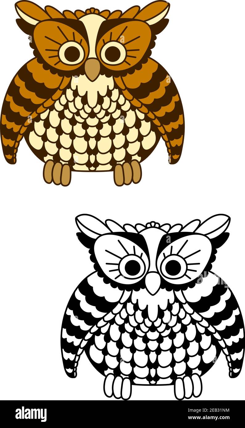 Cute Cartoon flauschige Eule Vogel mit gelben und braunen Gefieder auf gefalteten Flügeln. Märchen oder Halloween Urlaub Verwendung Design Stock Vektor
