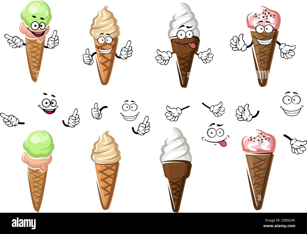 Köstliche Cartoon-Eiszapfen mit Erdbeer-, Vanille-, Karamell- und Pistazien-aromatisierten Kugeln. Für Dessert-Menü-Design Stock Vektor