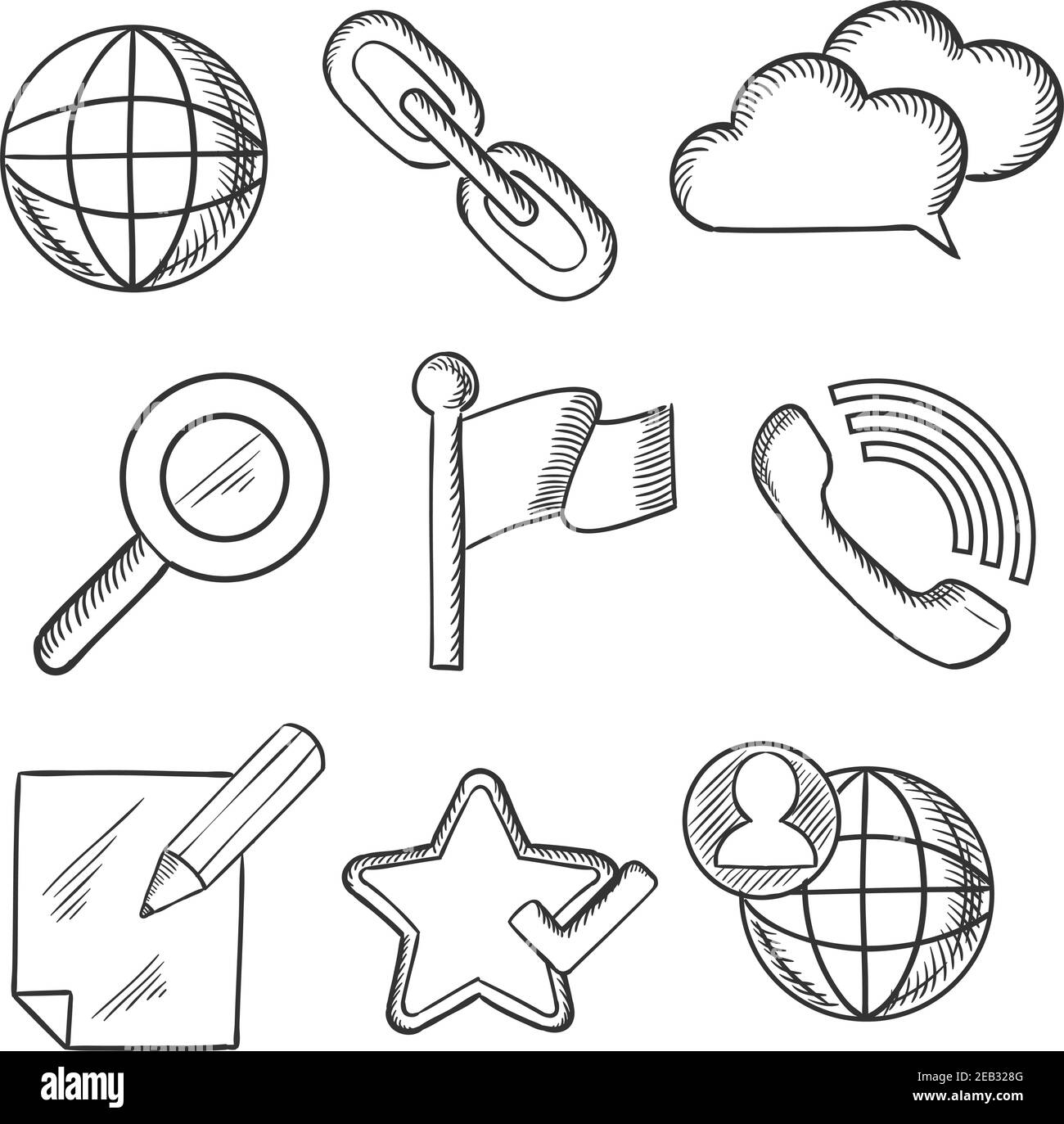 Multimedia- und Telekommunikationssymbole Skizzen mit Social Media, Suche, Zoom, Notiz, Globus, Telefon, Cloud, Link und beliebten Elementen Stock Vektor