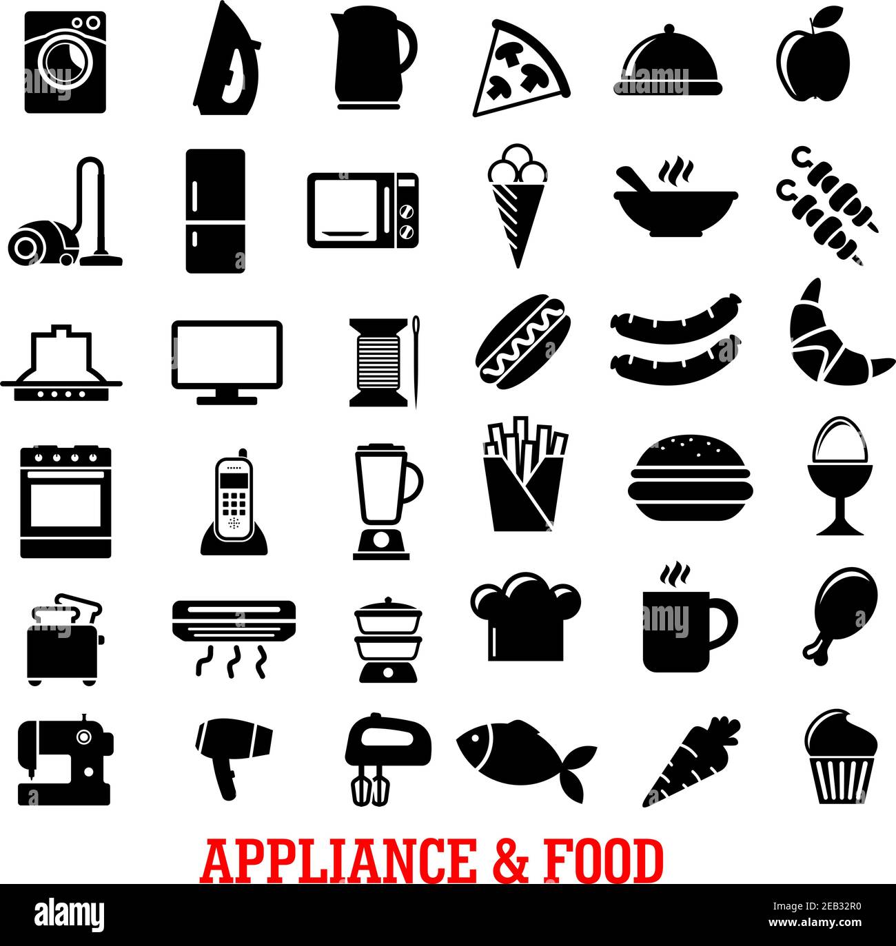 Flache Symbole für Lebensmittel und Haushaltsgeräte mit Kaffee, Hühnerfleisch, Kühlschrank, Bügeleisen, Mikrowelle, fernseher, Herd, Staubsauger, Mixer, Pizza, Waschmaschine, Kuchen Stock Vektor