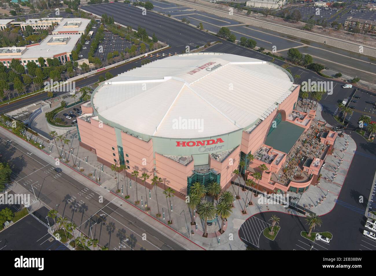 Eine Luftaufnahme des Honda Center, Mittwoch, 10. Februar 2021, in Anaheim, Kalif. Stockfoto
