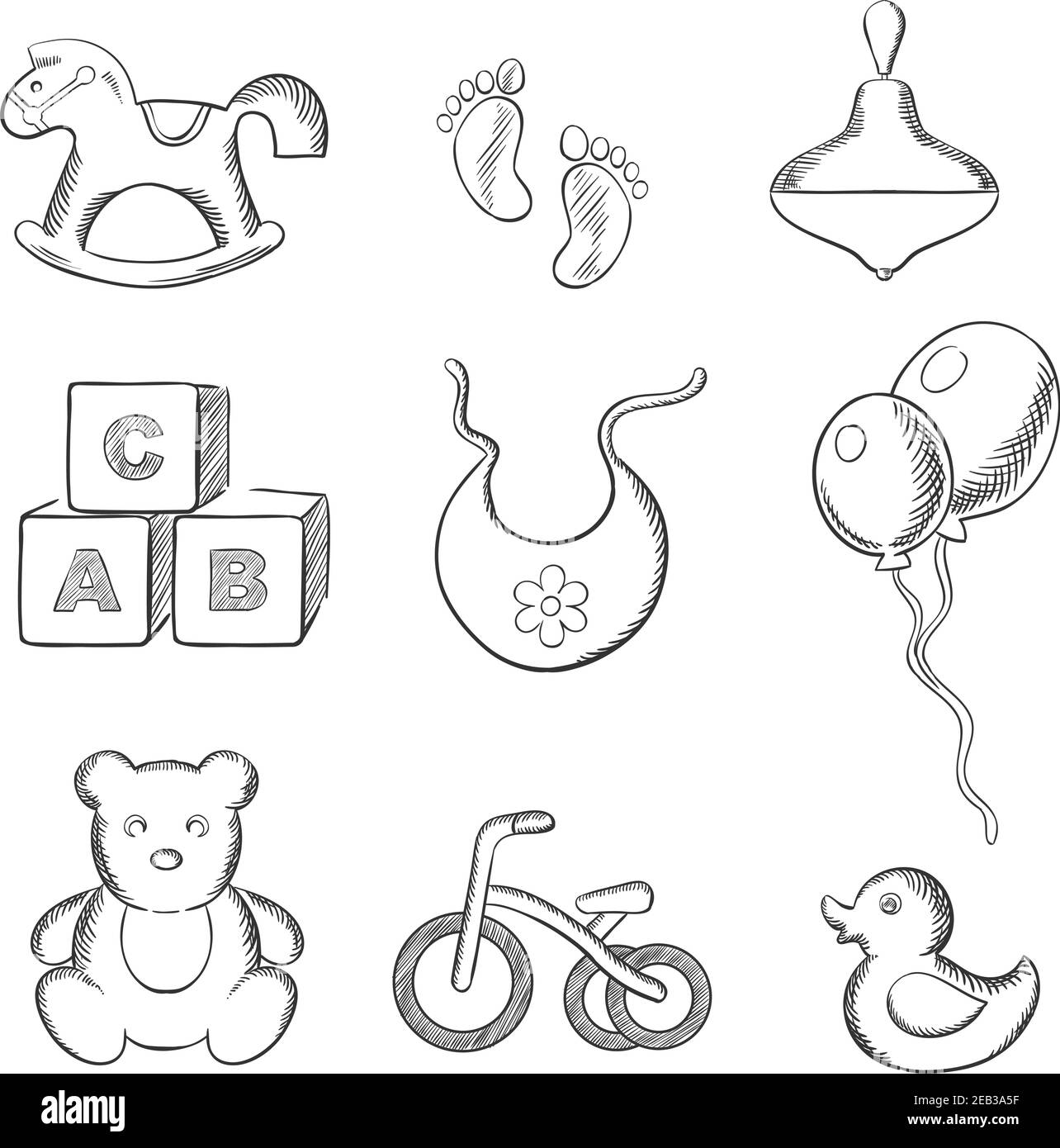 Baby skizzierte Ikonen mit Schaukelpferd, Ente, Kreisel, abc Blöcke, Lätzchen, Ballons, Dreirad und Fußabdrücke. Skizzenstil Stock Vektor