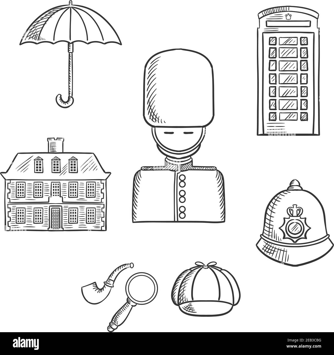 Vereinigtes Königreich Reise Skizze Symbole und Symbole mit Wachsoldat, Telefonzelle, Polizeihelm, Detektivmütze, Rohr und Lupe, Regenschirm und alt Stock Vektor
