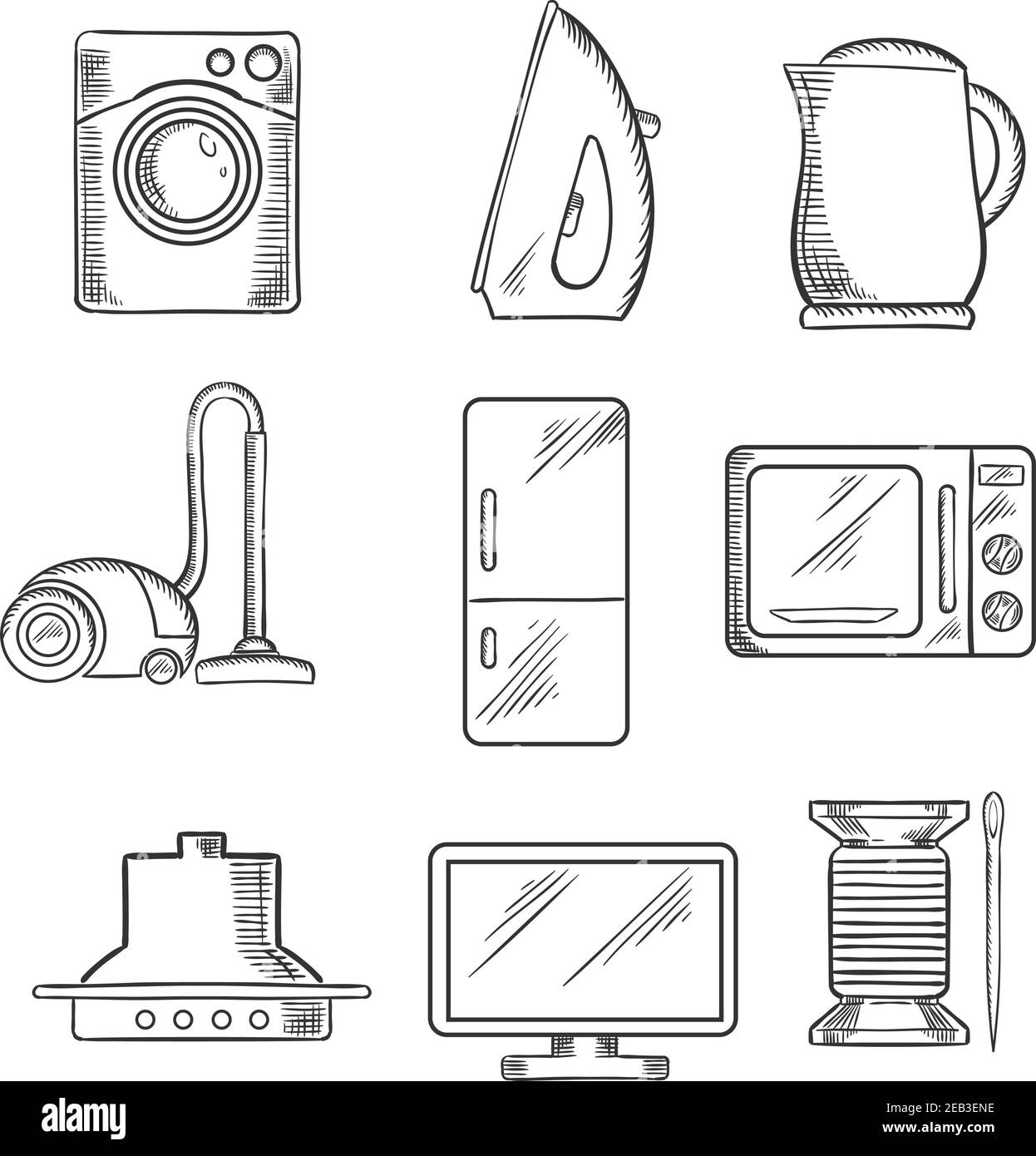 Skizzierte Symbole für Küche und Hausgerät mit Staubsauger, Wasserkocher, Bügeleisen, Kühlschrank, Mikrowelle, Nadel und Baumwolle, Fernseher und Waschmaschine Stock Vektor