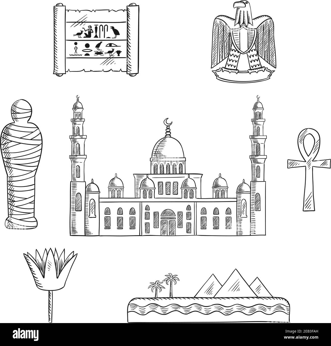 Ägypten Reise skizzierte Ikonen mit Kairo Moschee, pharao Mumie, Wüstenlandschaft mit Pyramiden und Meer, heilige Lotusblume, Papyrus mit Hieroglyphen, Stock Vektor