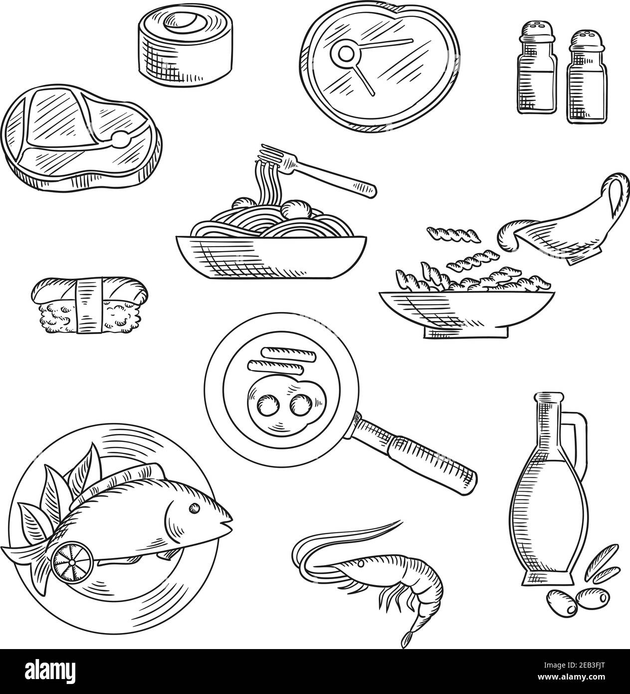 Gesunde Lebensmittel Skizze Symbole von Sushi-Rolle und Nigiri, Pasta und Spaghetti mit Sauce, rohes Rindfleisch Steaks, gegrillter Fisch, Garnelen, Spiegeleier mit Würstchen, o Stock Vektor