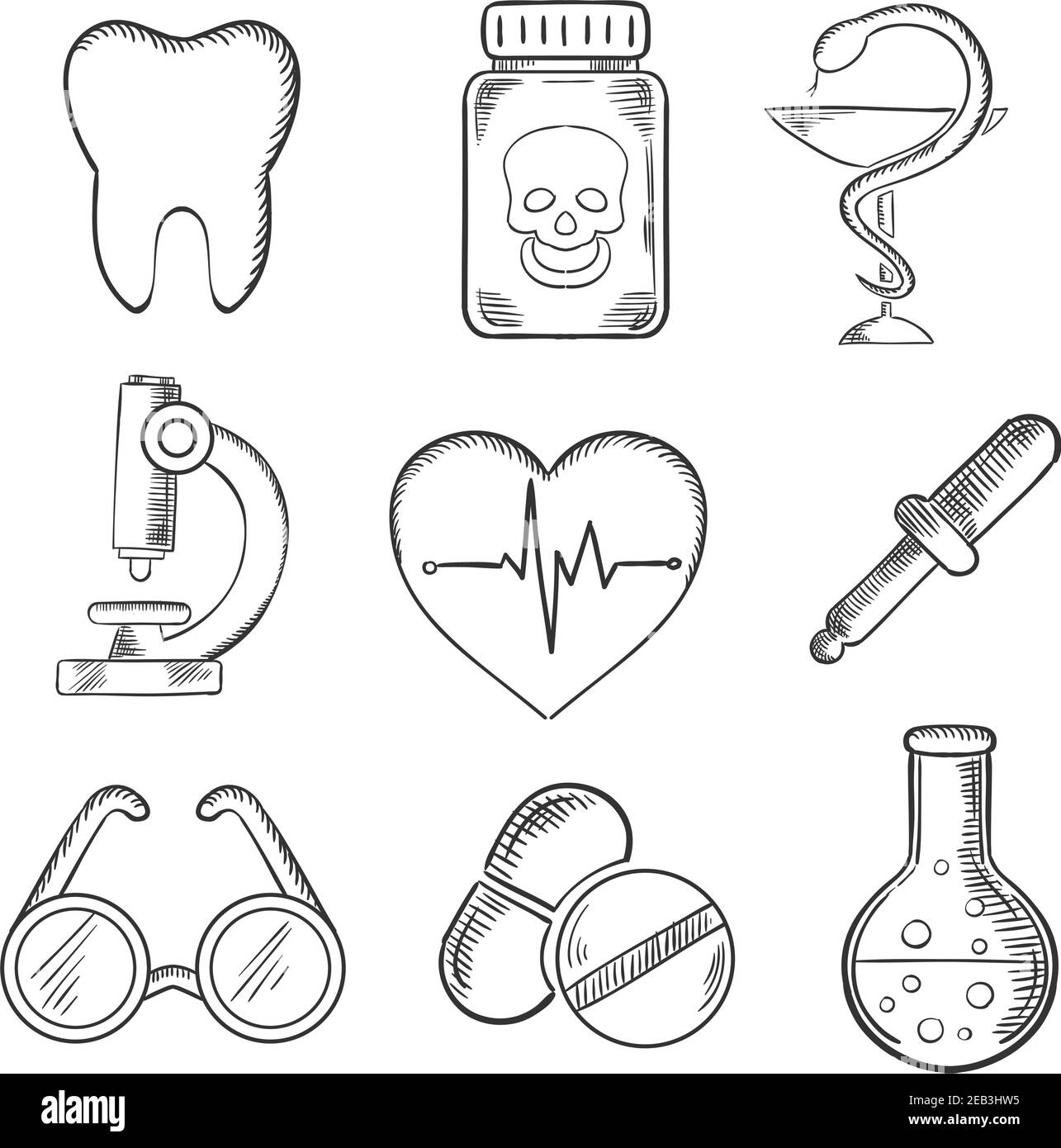 Medizin und Gesundheitswesen skizzierte Ikonen mit einem Zahn, Zahnmedizin, Gift, Mikroskop, Herz mit EKG, Brille, Pipette und Laborröhrchen. Skizzensty Stock Vektor