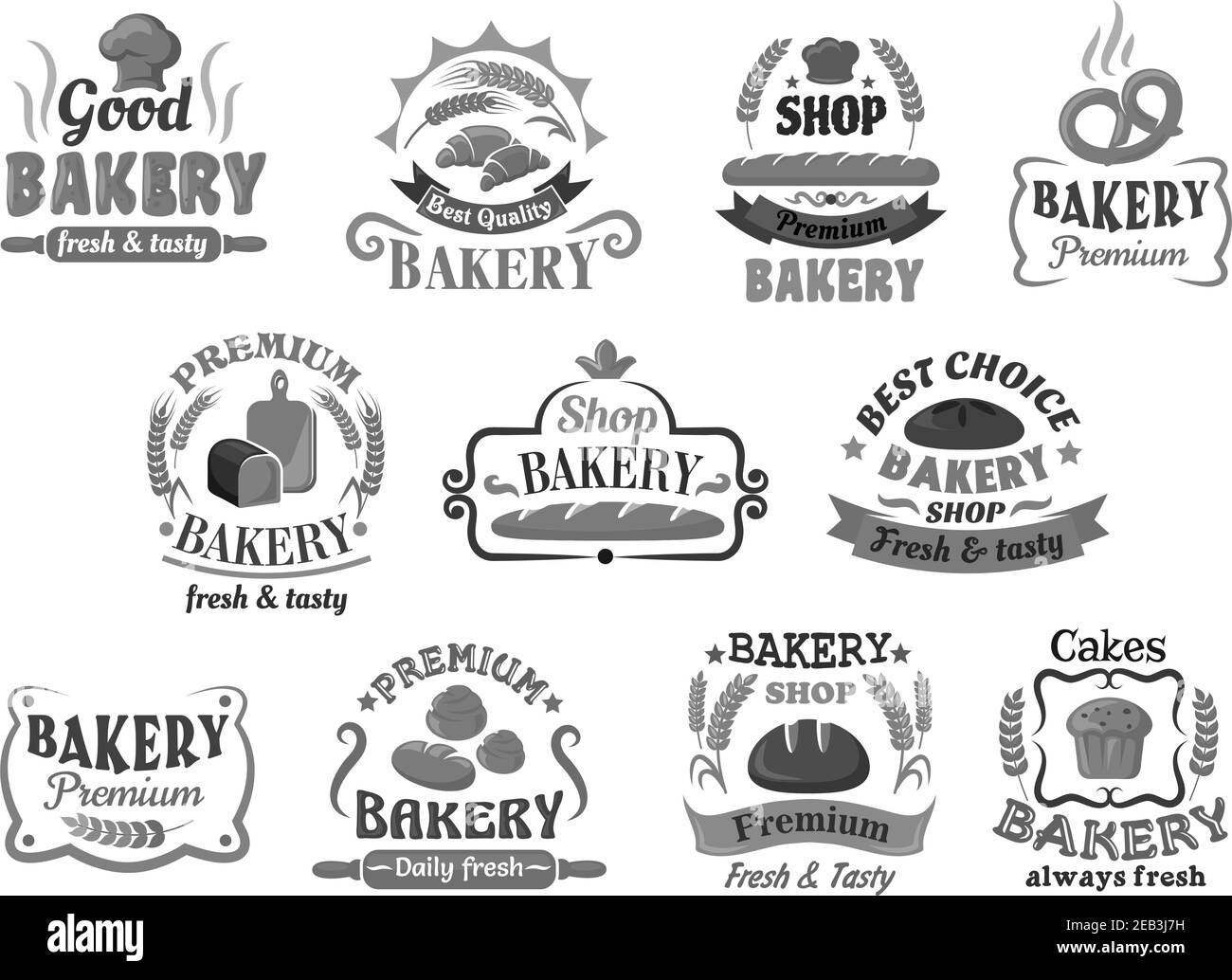 Symbole, Symbole und Schilder für Bäckerei und Konditorei mit verschiedenen Brotsorten, Brötchen, Cupcake, Croissant und Brezel, umrahmt von Bändchenbannern, carto Stock Vektor