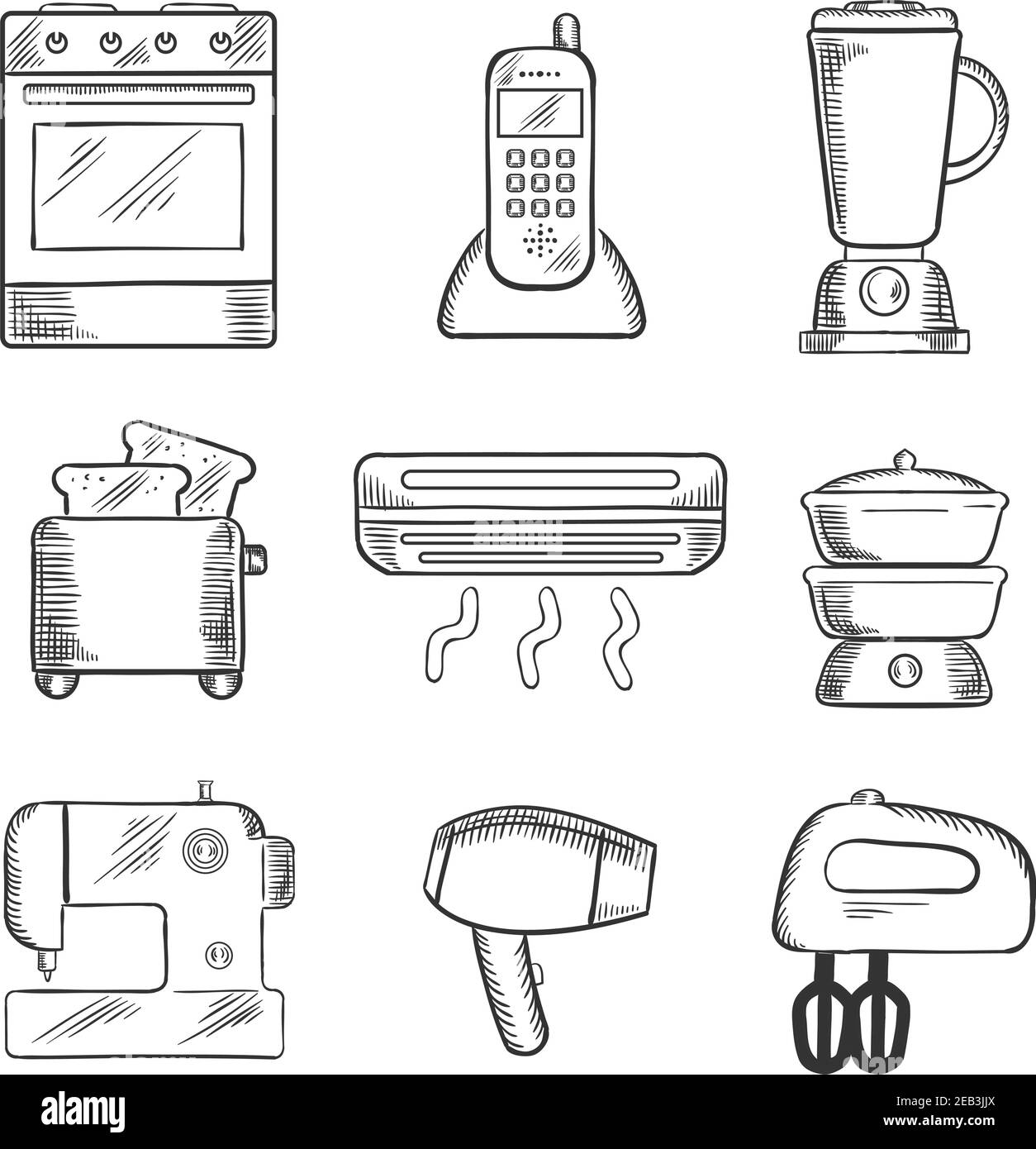 Haushaltsgerät skizzierte Symbole Set mit auf Backofen, Telefon, Verflüssiger, Toaster, Heizung, Dampfgarer, Nähmaschine, Haartrockner und Eierbesen. Skizzenstil Stock Vektor