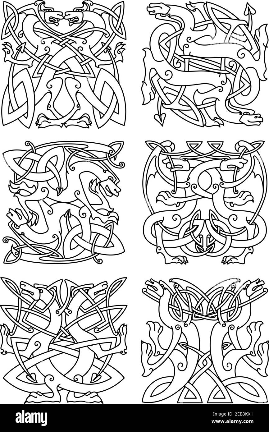 Keltische Tierknot-Ornamente mythischer Drachen oder Tiere mit geschwungenen Flügeln und Schwänzen, im Stammesmuster angeordnet. Als Tattoo, Wappen oder emb verwenden Stock Vektor