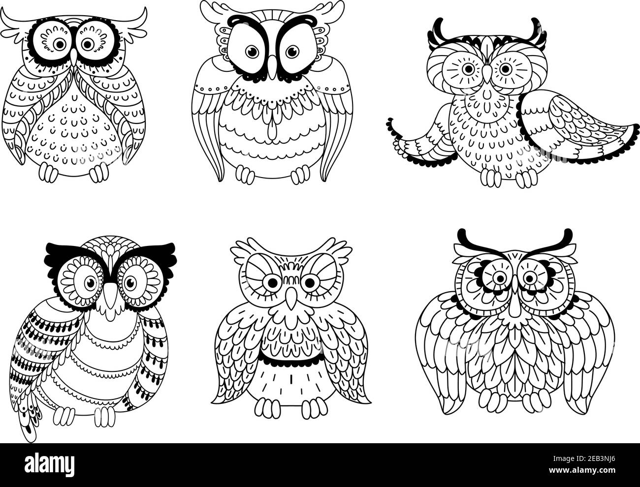 Farblose Deko-Eulen, niedliche kleine Eulen und alte Weise Adlereulen mit ornamentalen Flügeln und großen Augen. Verwendung von Kinderbüchern, Halloween oder Maskottchen Stock Vektor