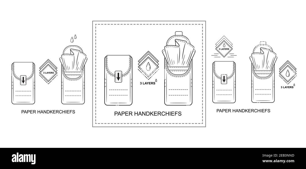 Papier Einweg Taschentücher Tasche Taschentücher Pack Icon set. Serviettenbeutel. Trockene Reinigungstücher für die persönliche Haut- oder Nasenhygiene. Umrissvektor Stock Vektor