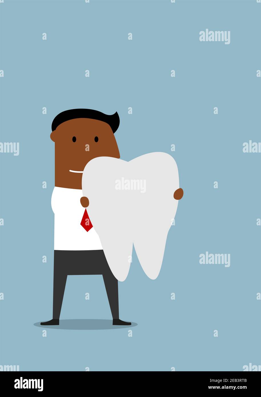 Angenehm lächelnd Cartoon afroamerikanischen Geschäftsmann stehen mit einem großen weißen gesunden Zahn in den Händen. Krankenversicherung oder Zahnmedizin Thema Design U Stock Vektor
