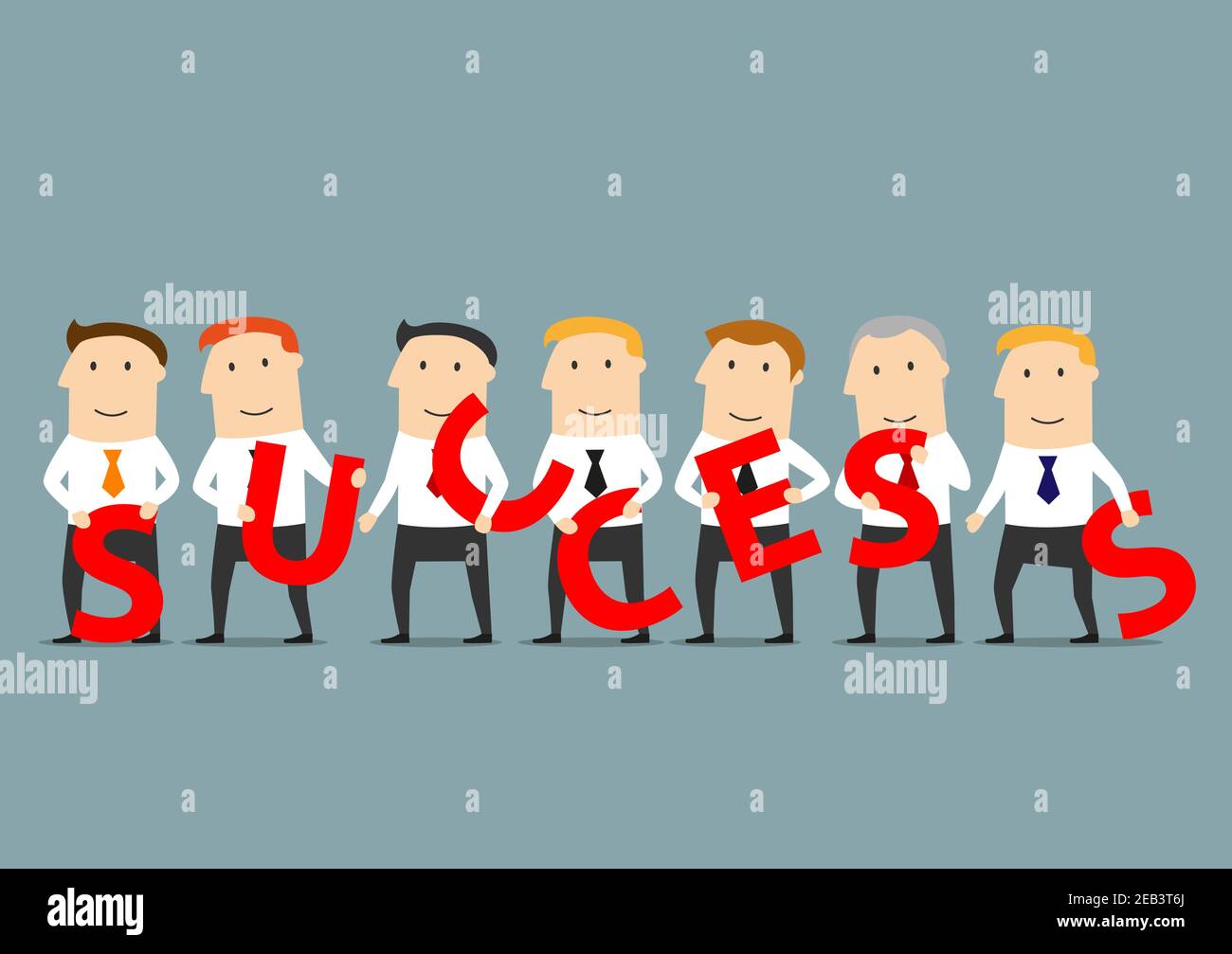 Wohlhabendes Business-Team von lächelnden Geschäftsleuten halten rote Buchstaben in den Händen und das Wort Erfolg zu komponieren. Erfolgreiche Teamarbeit, Partnerschaft und Kooperation Stock Vektor