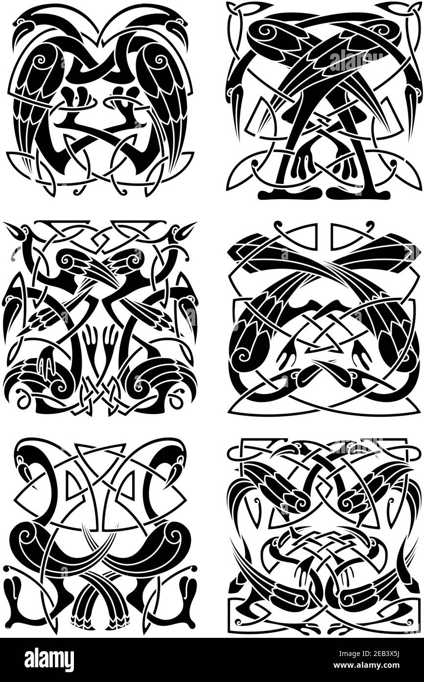 Mittelalterliche keltische Ornamente mit Reihern, Störchen und Kranichen ergänzt durch traditionelle Knotenmuster. Große Verwendung für Tattoo, vintage Verschönerung oder t Stock Vektor