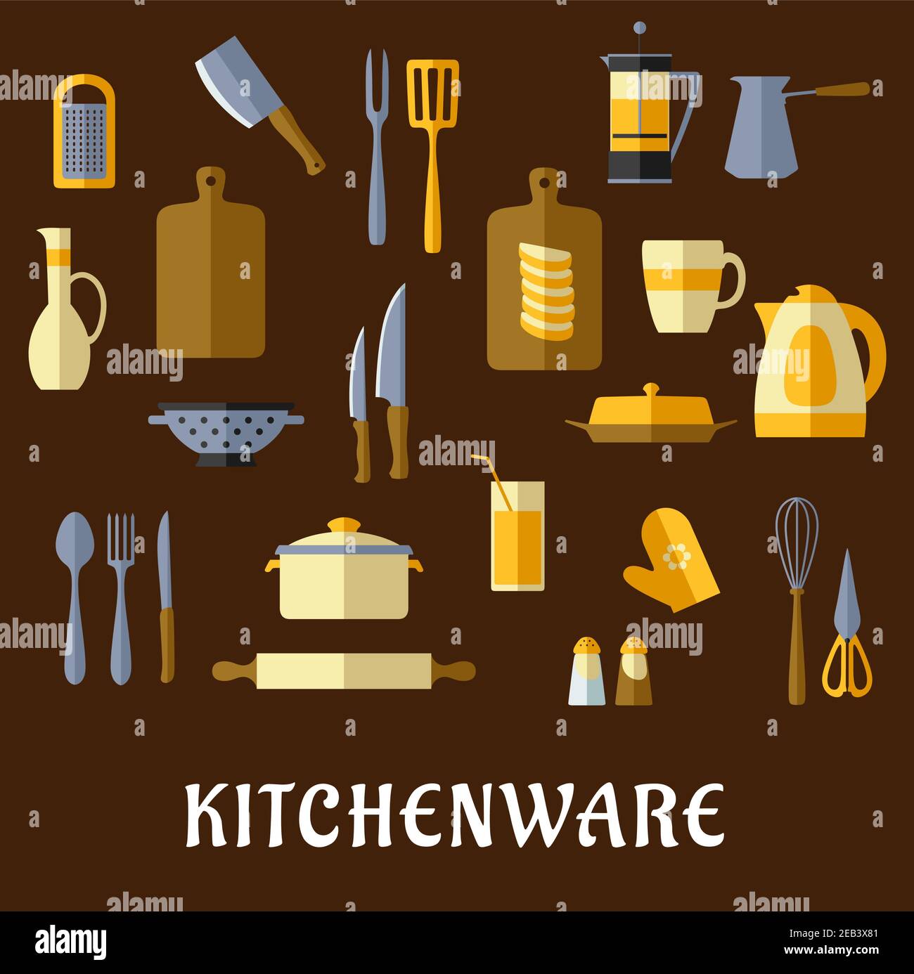 Küchengeräte und Utensilien flache Symbole von Topf, Wasserkocher, Kaffee und Teekanne, Schneidebrett, Messer, Gabeln, Tasse, Glas, Löffel, Nudelholz, Spachtel, Stock Vektor