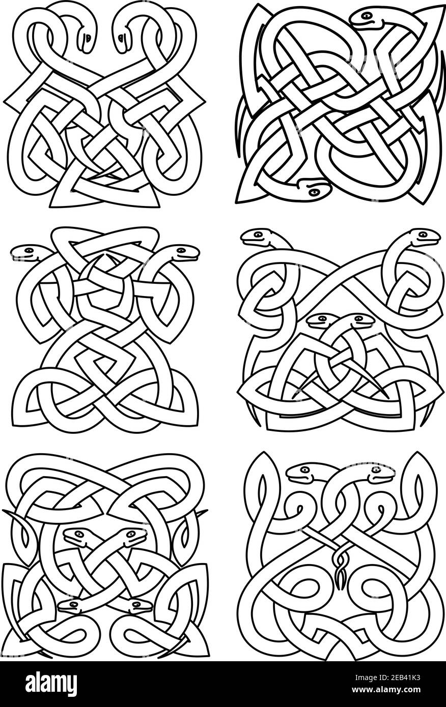 Gotische keltische Tiermuster von gewickelten Schlangen in traditionellen Knotenornamenten. Vintage Verzierung, Totem, Muster, Tattoo oder T-Shirt drucken Verwendung Stock Vektor