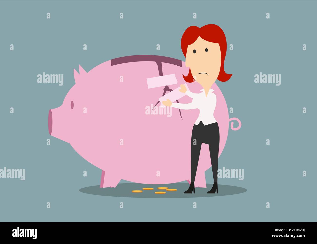 Geld sparen und finanzielle Sicherheit Konzept. Frustriert Rotschopf Geschäftsfrau Fixierung der Riss auf der Seite der Sparschwein mit Reparatur-Band oder Gips Stock Vektor