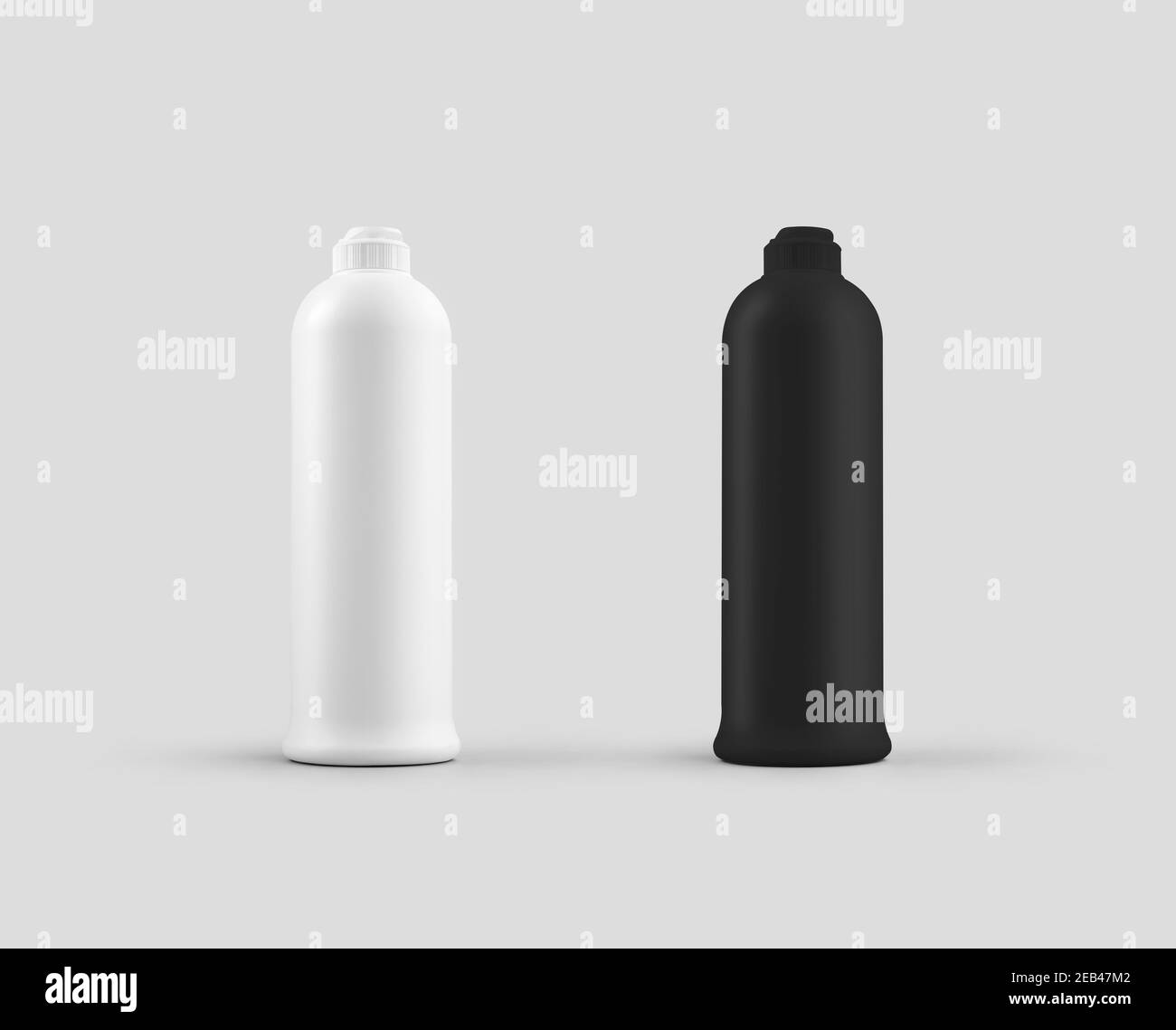 Mockup aus einem weißen, schwarzen Plastikglas mit Klappdeckel, Waschmittelflasche, zur Reinigung der Küche, isoliert auf dem Hintergrund. Matte Container templa Stockfoto