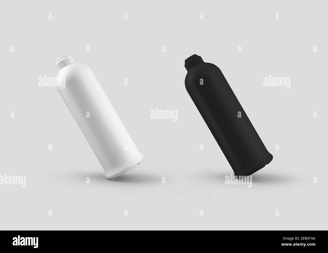 Schablone aus einer weißen, schwarzen Plastikflasche mit Klappdeckel, einem Glas mit Chemie, Seife, Flüssigwaschmittel, für Designpräsentation, Werbung. Mat Stockfoto