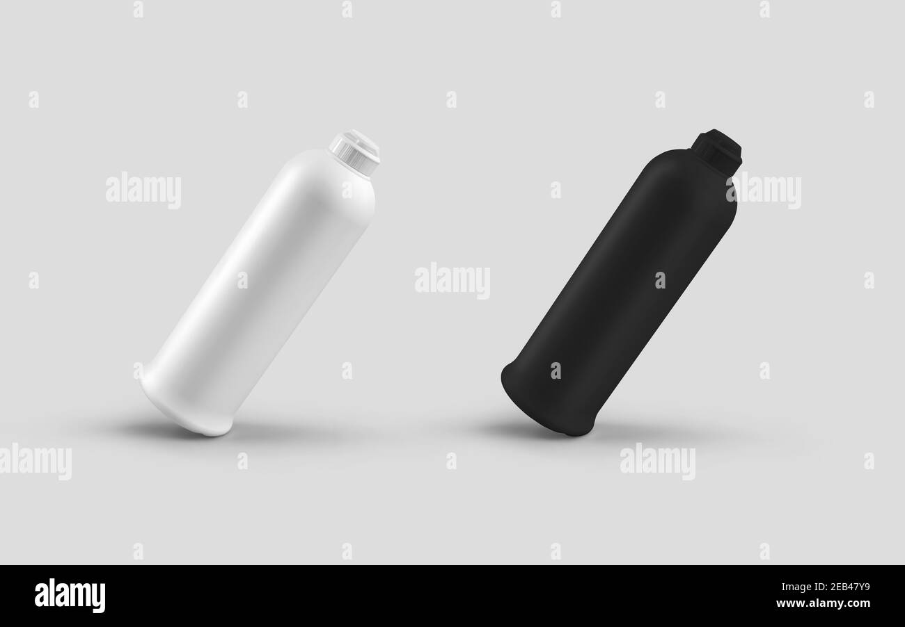 Set von Vorlagen aus Kunststoff weiß, schwarze Flasche mit Flip-Top-Kappe, Glas mit Chemie, antiseptisch isoliert auf dem Hintergrund. Mattes Verpackungsmockup für d Stockfoto