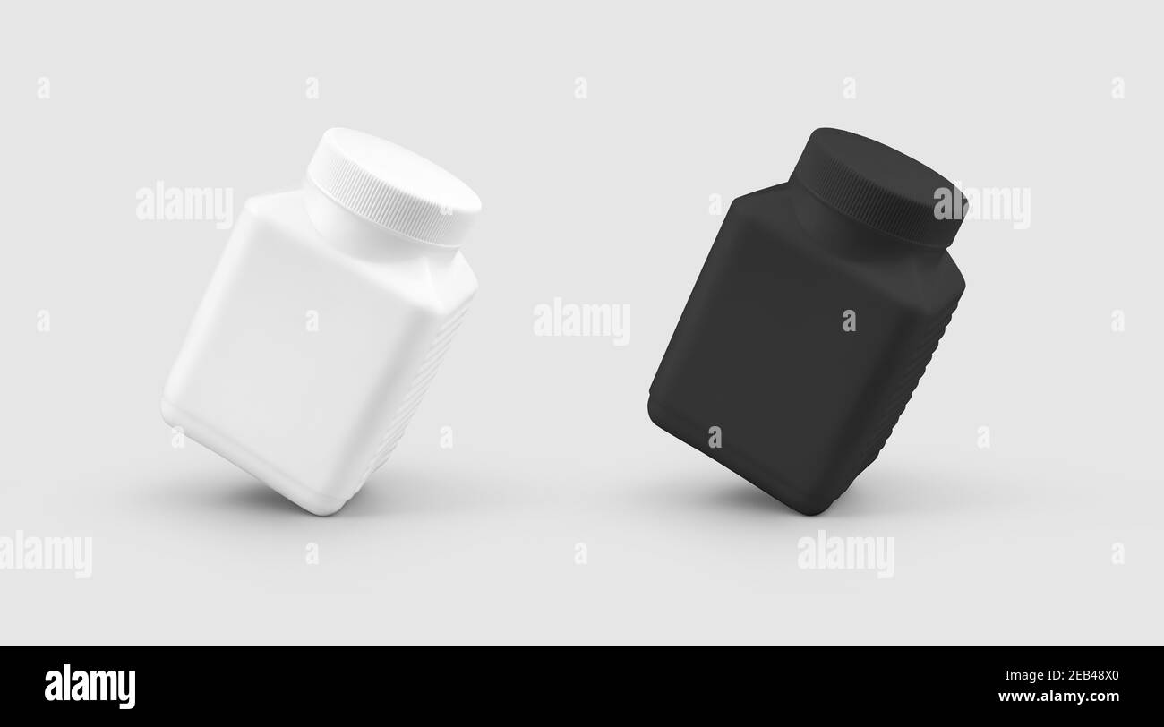 Schablone aus quadratischen weißen, schwarzen Gläsern für Creme, Gel, Lotion, Kunststoffbox isoliert auf dem Hintergrund. Mockup des Behälters für Vitamin, für das Design vorhanden Stockfoto
