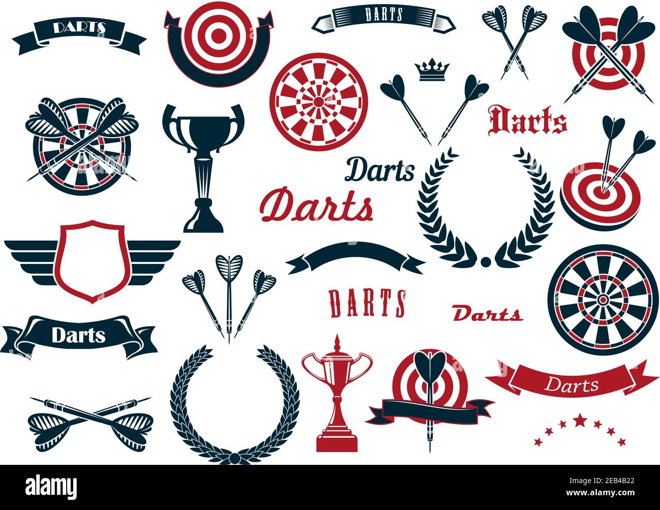 Darts Sport Spiel Design Elemente und Elemente mit Dartscheibe, Pfeil, Pokal, heraldischen Lorbeerkranz, geflügelten Schild und Band Banner, Sterne, Kronen. Stock Vektor