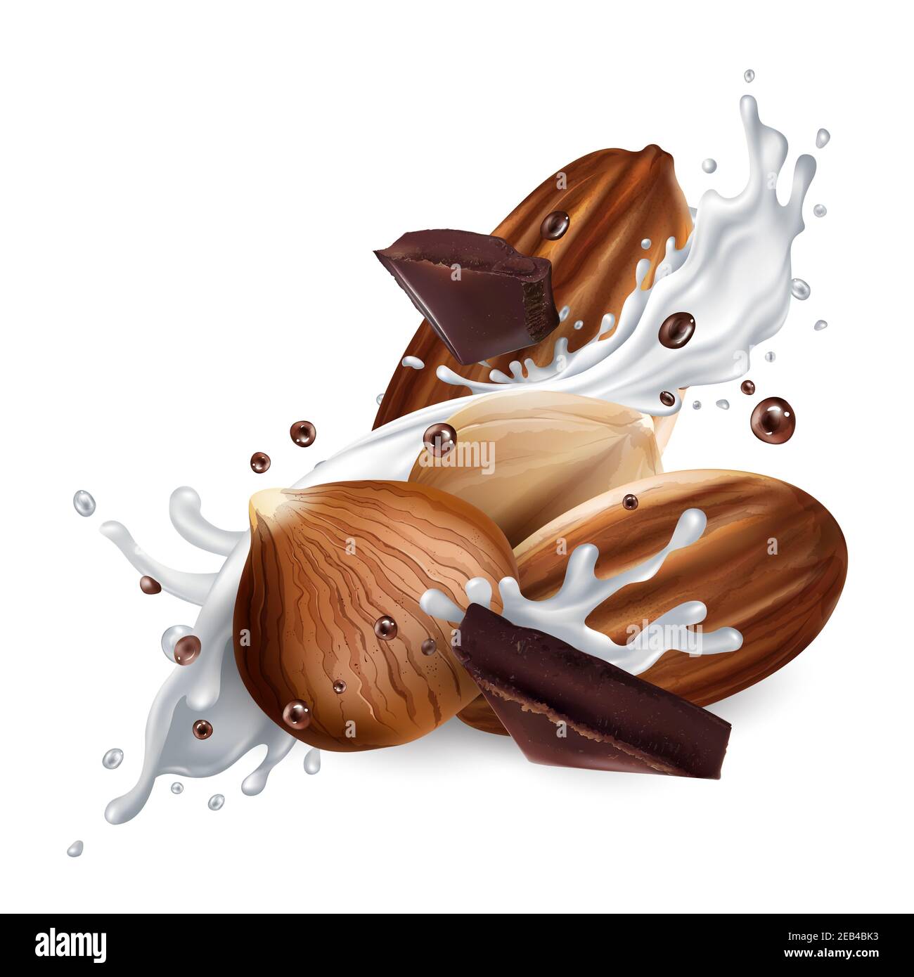 Mandeln und Haselnüsse mit Schokoladenstücken und Milchspritzern. Stockfoto