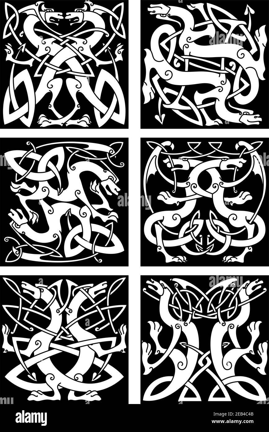 Magische Drachen keltische Muster mit traditionellen mittelalterlichen Knoten Ornament und Tribal dekorative Elemente. Kann als Tattoo, Wappentier oder Embell verwendet werden Stock Vektor