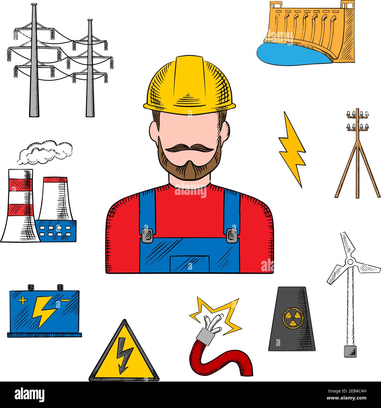 Stromenergieindustrie Skizze mit Kraftwerk, Wasser- und Windenergie, Kernkraftwerk, Stromleitungen und Pylon, Batterie und Gefahrenwarnung Stock Vektor