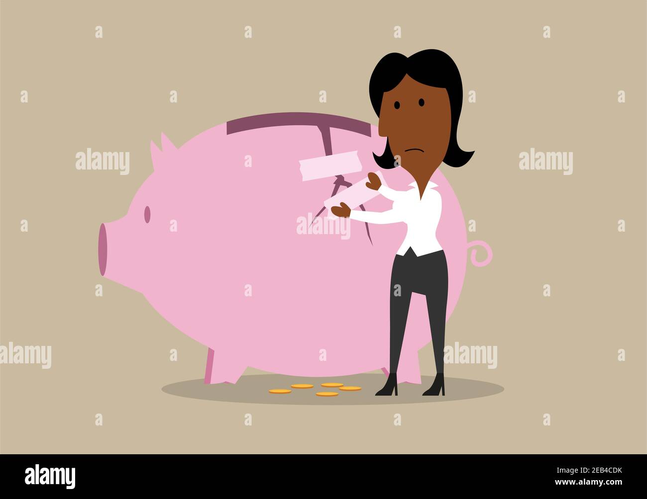 Cartoon Geschäftsfrau erholt geknackt Sparschwein nach der Finanzkrise oder Notkosten. Finanz- oder Sparersparniskonzept usag Stock Vektor