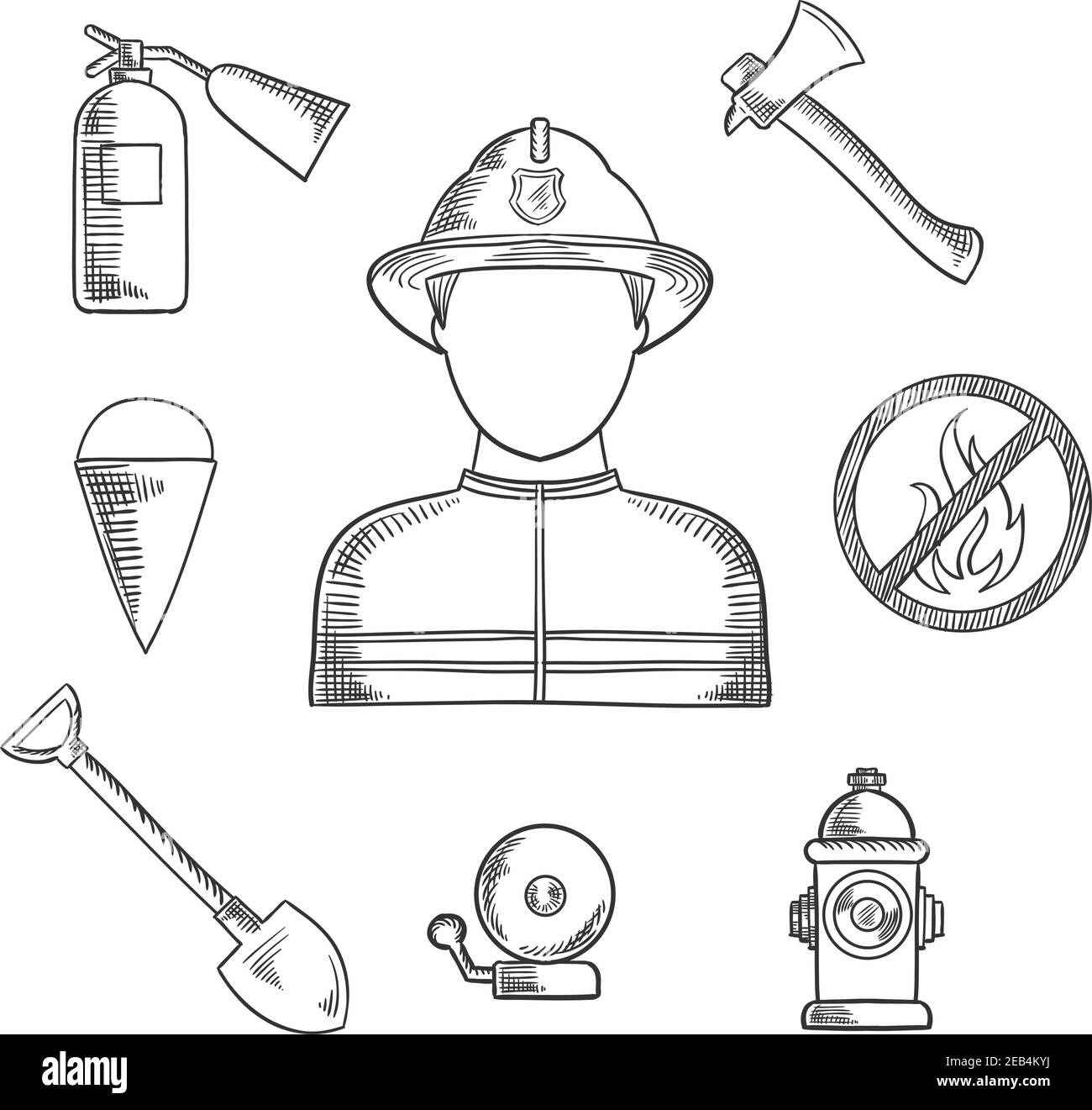 Feuerwehrmann Beruf Skizze Ikonen mit Mann in Schutzhelm und Anzug, flankiert von Feuer Axt, Eimer und Schaufel, Feuerlöscher, Feueralarm, Hydrant Stock Vektor