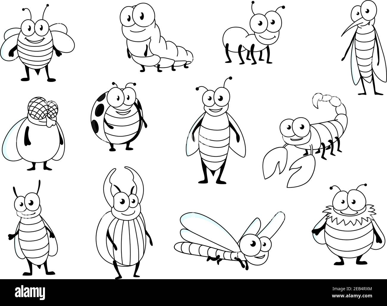 Lustige Karikatur skizzieren Biene, Ameise, Marienkäfer, Fliege, Raupe, Libelle, Mückenhummel Wespe, Hirschkäfer Hornet und Skorpion. Insektencharaktere für Stock Vektor