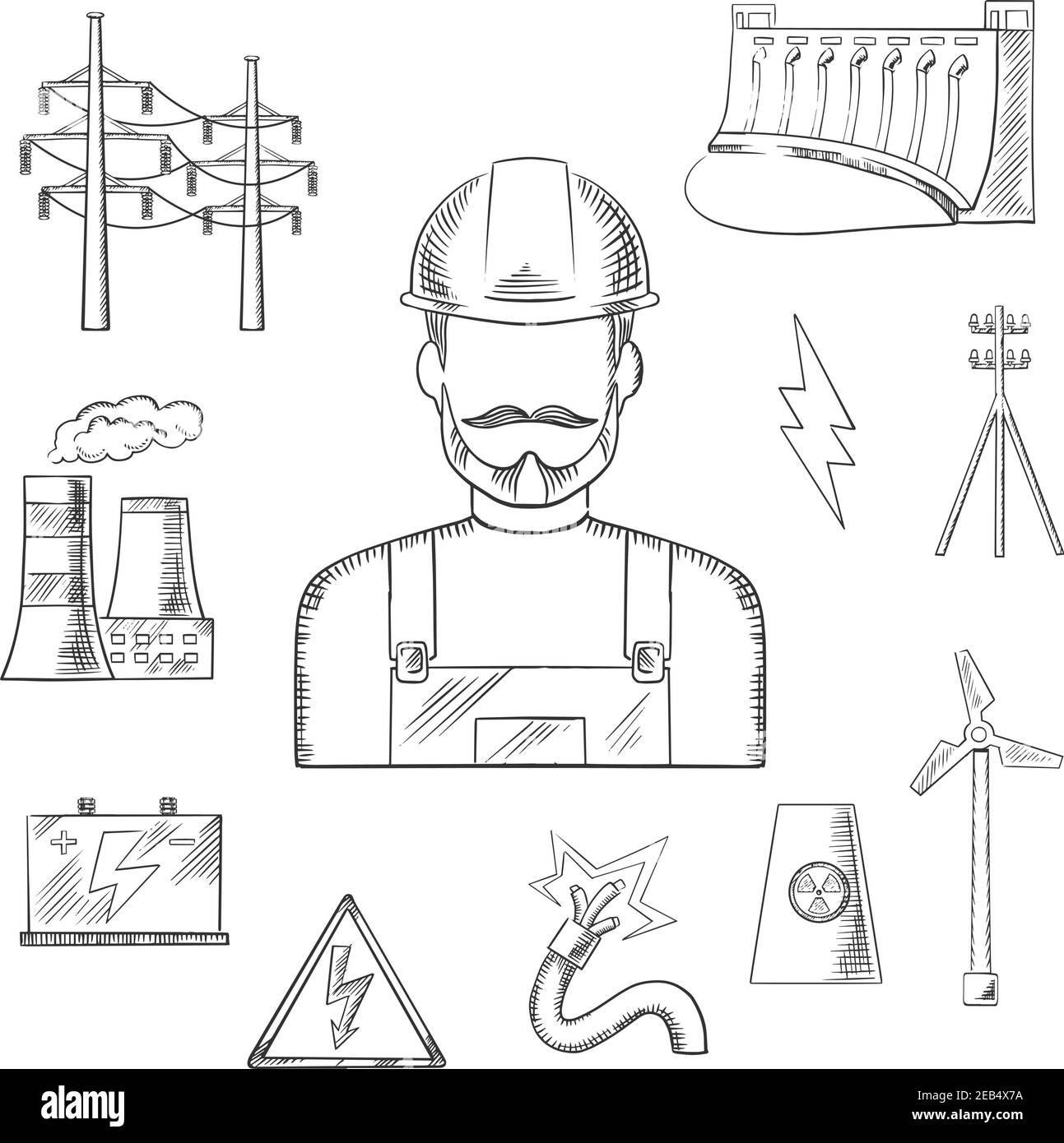 Ikonen der Elektrizitäts- und Energiewirtschaft Skizzen mit Wärmekraftwerken, Wasserkraft- und Windenergie, Kernkraftwerken, Stromleitungen und Pylon, Batte Stock Vektor