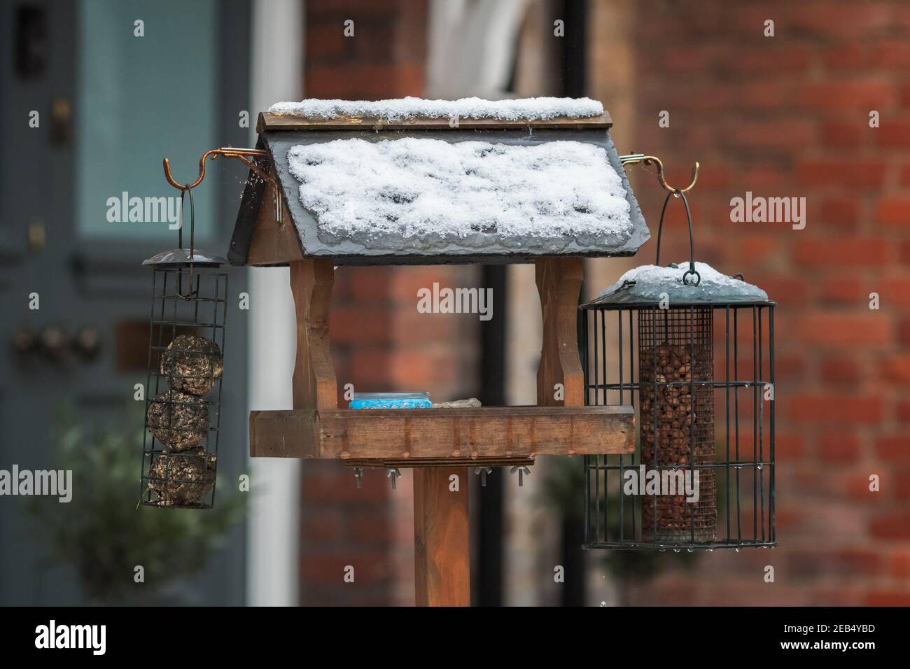 Vogelfutterhäuschen und Vogelhaus im Winter von Schnee bedeckt, London Street Stockfoto