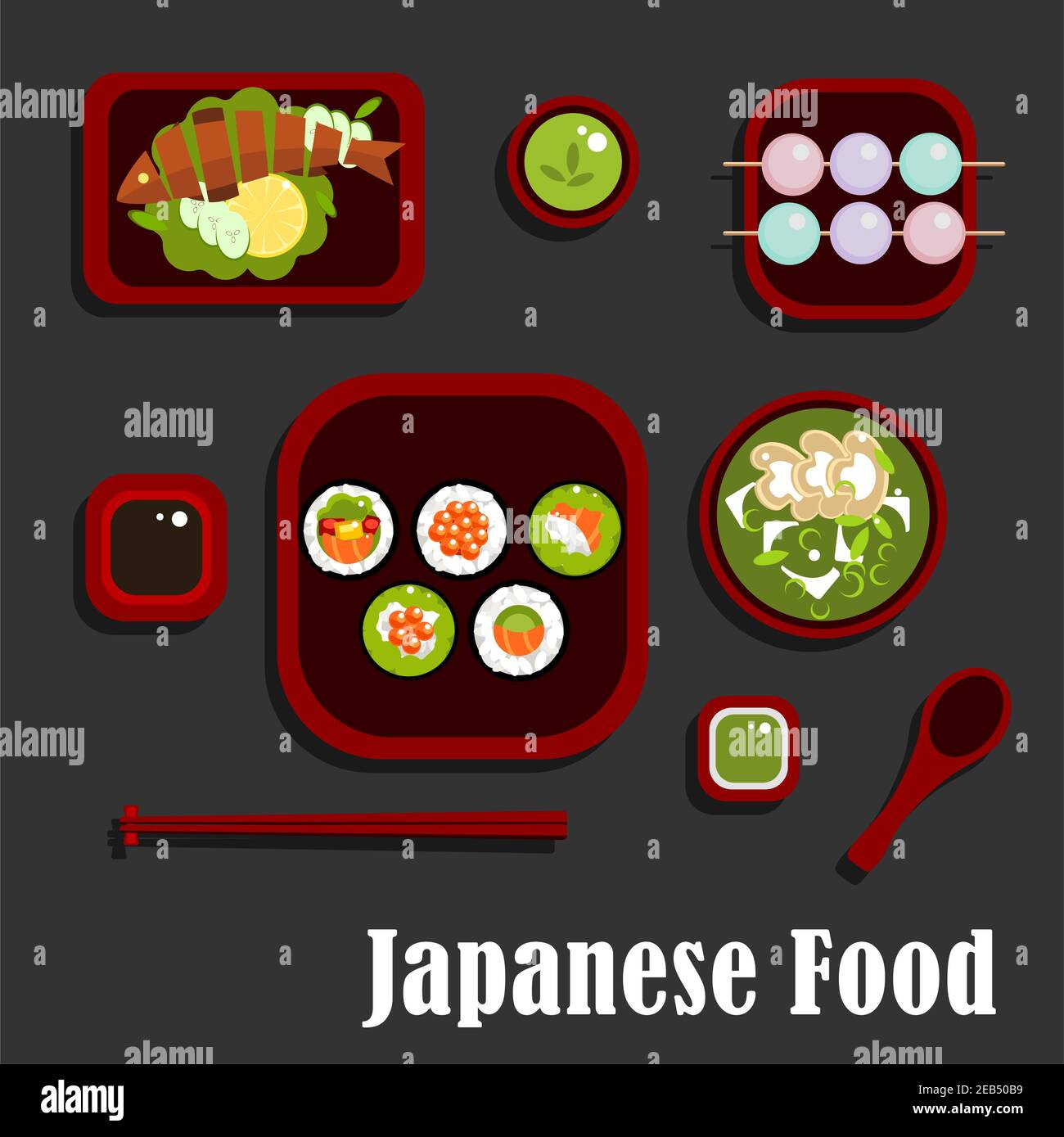 Japanische Meeresfrüchte und Dessert mit Sushi-Brötchen und Lachs, Avocado und rotem Kaviar, Soja und Wasabi, gegrillter Fisch mit Zitrone und Gurke, grüner Tee, Sou Stock Vektor