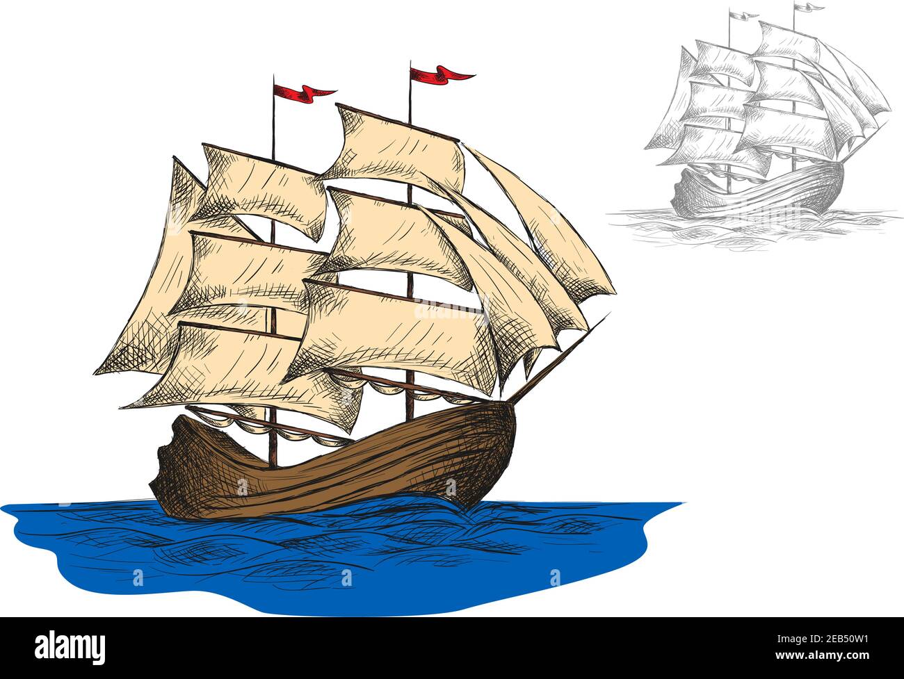 Altes Segelschiff zwischen blauen Meereswellen, zweite Variante in grauen Farben. Schifffahrt oder Kreuzfahrt auf dem Meer Design. Vektorskizze Stock Vektor