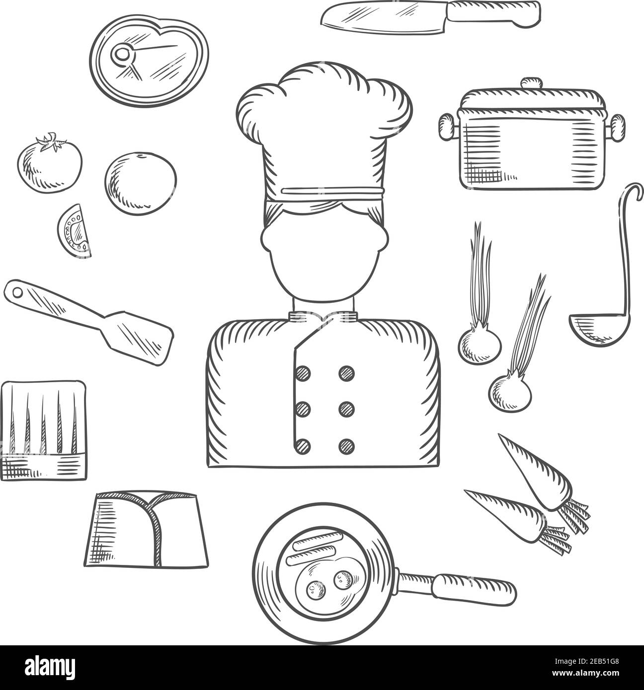 Koch Beruf skizzierte Ikonen mit Koch in Uniform umgeben von frischen Tomaten, Zwiebeln und Karotten, Pfanne mit Eiern und Speck, Messer, Topf mit Schöpfkelle, Stock Vektor