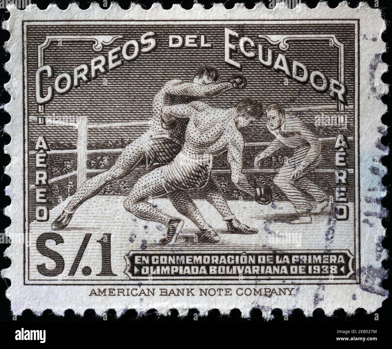 Boxkampf auf der alten Briefmarke von Ecuador Stockfoto