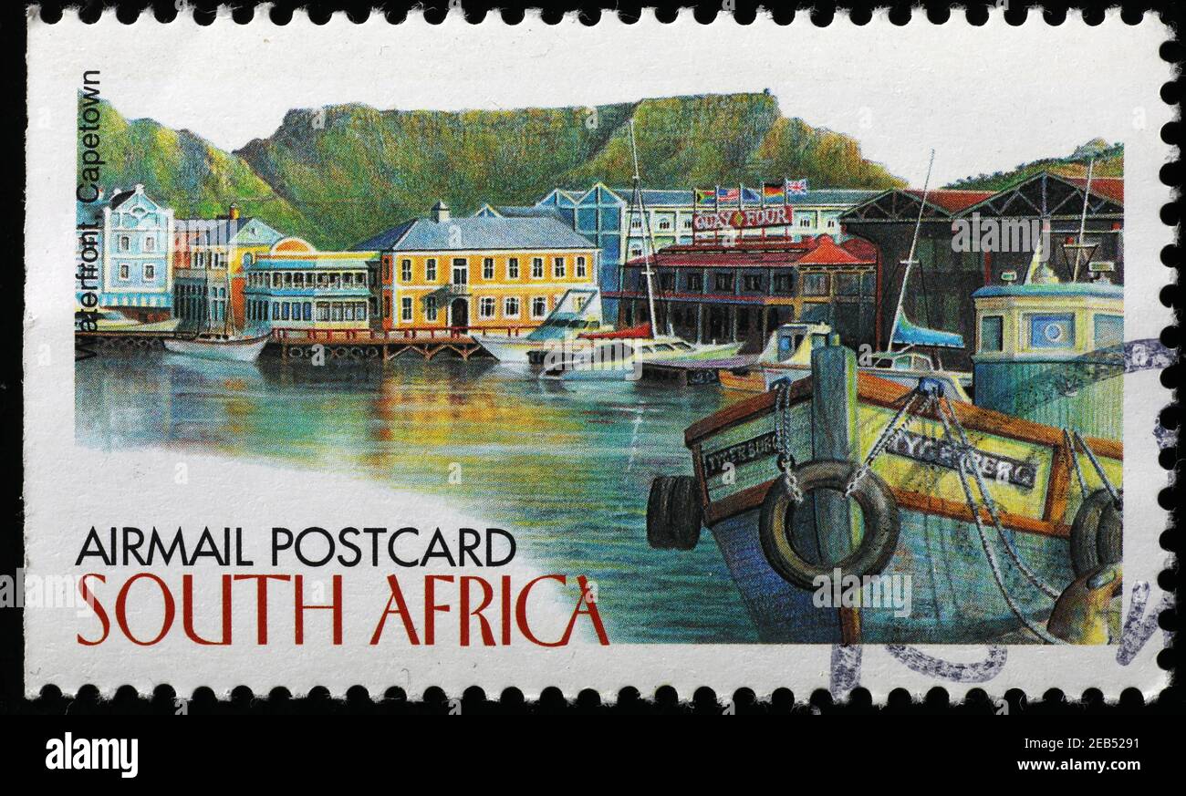 Kapstadt Waterfront auf südafrikanischer Briefmarke Stockfoto