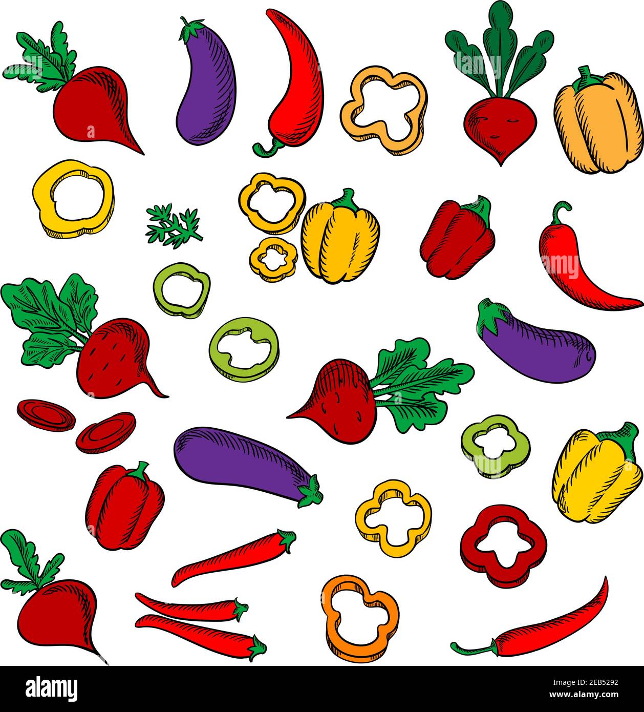 Rüben mit üppigen Pflaumen, Chilischoten, Auberginen, in Scheiben geschnitten und ganze rote, orange, gelbe Paprika Gemüse Stock Vektor