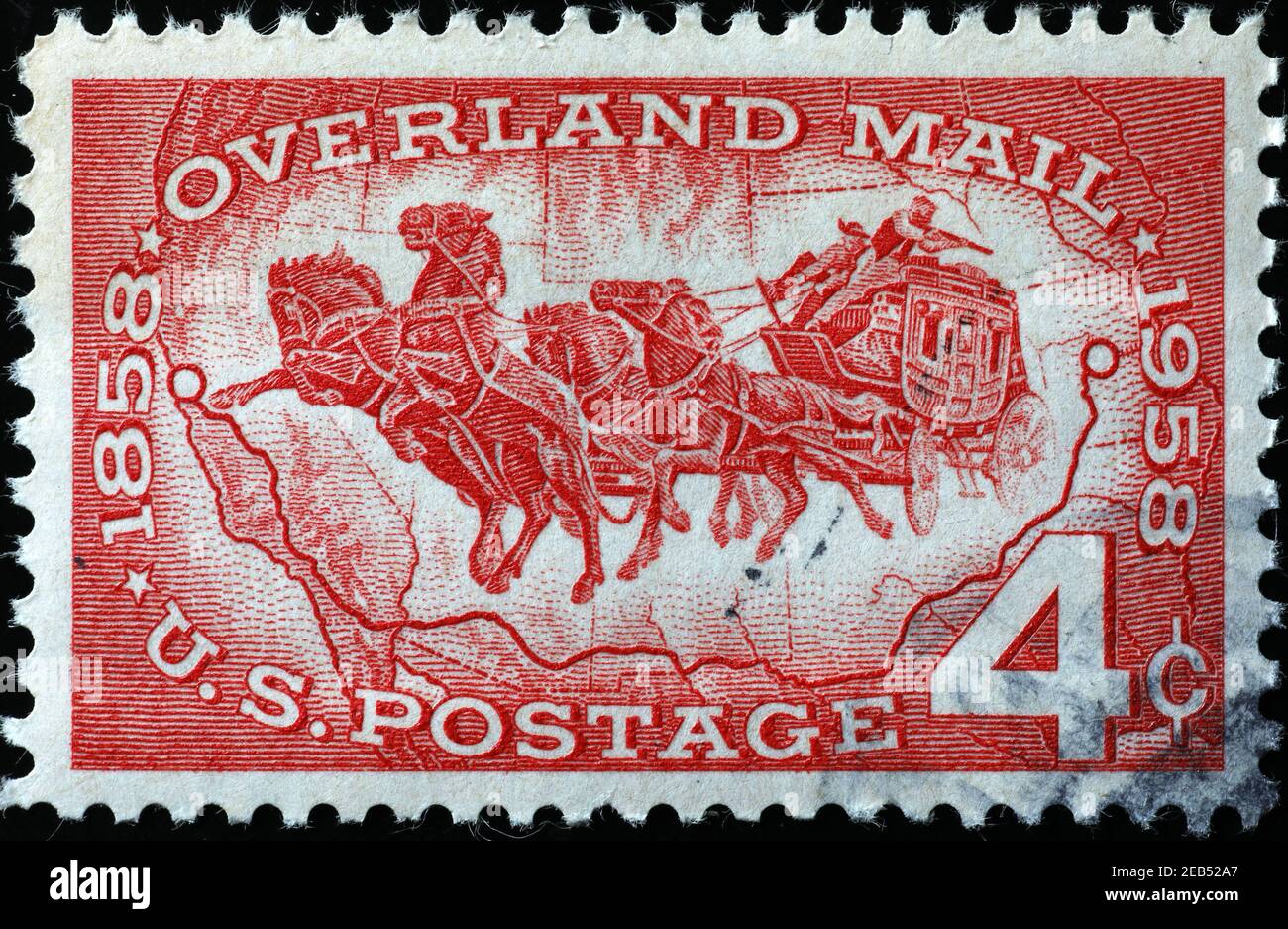 Feier von Overland Post auf alter amerikanischer Briefmarke Stockfoto