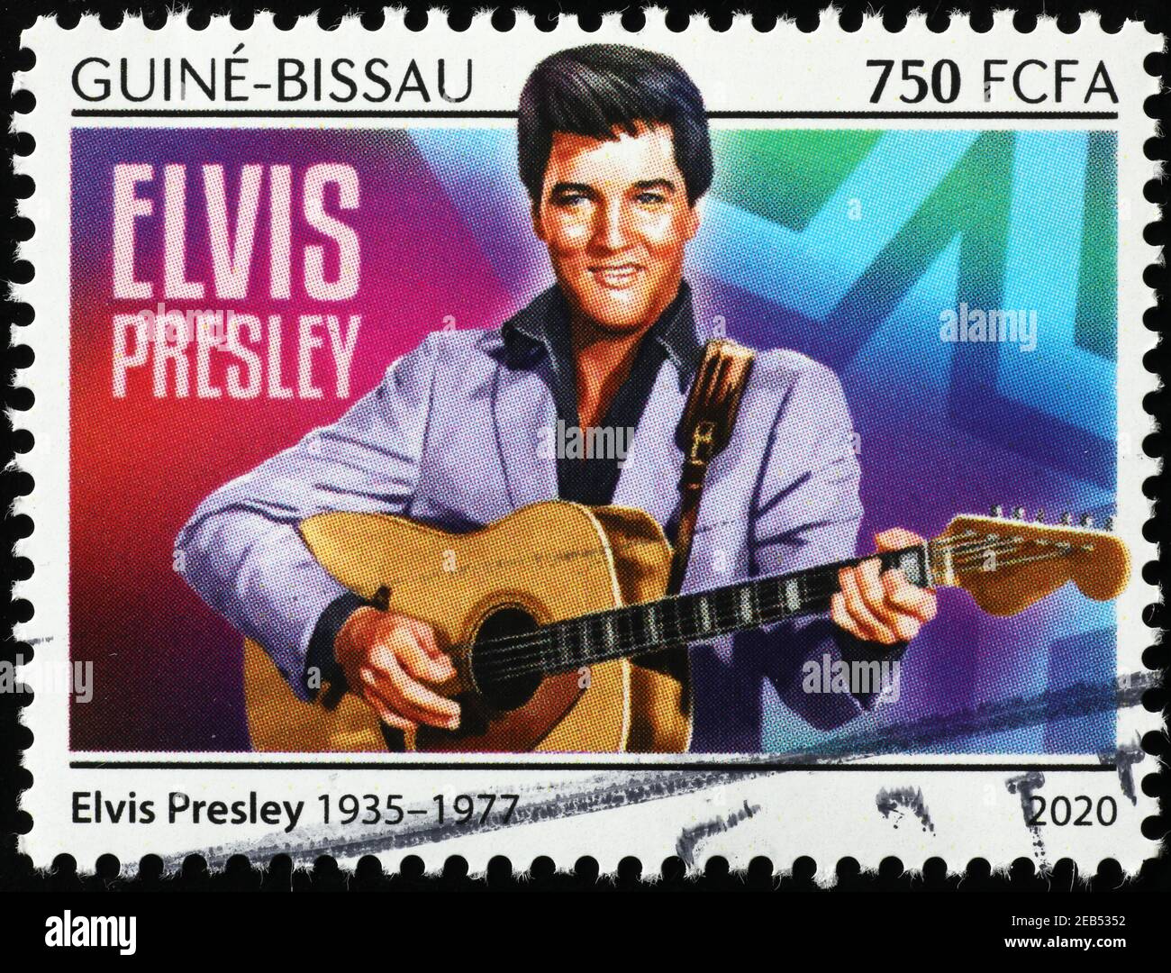 Elvis Presley mit Gitarre auf Briefmarke Stockfoto