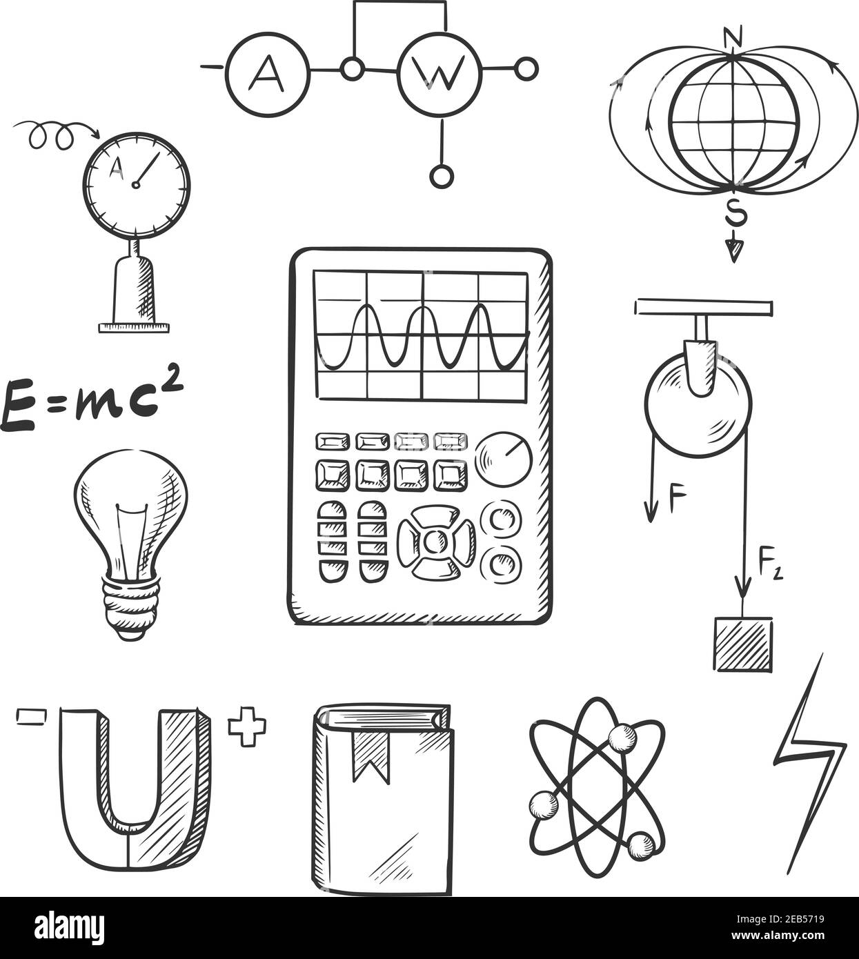 Science Sketch Icons Set mit Symbolen der Physik wie Magnet, elektrische Energie, Atom-Modell, Erde Magnetfeld, Buch, Formeln, Schemata und Werkzeuge. Stock Vektor