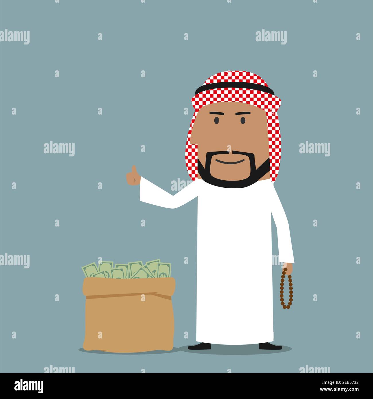 Lächelnder Cartoon arabischer Geschäftsmann mit Gebetsperlen in der Hand in der Nähe von vollen Geldbeutel und zeigt Daumen bis Zeichen stehen. Kann als Finanzwesen, Geschäft verwendet werden Stock Vektor