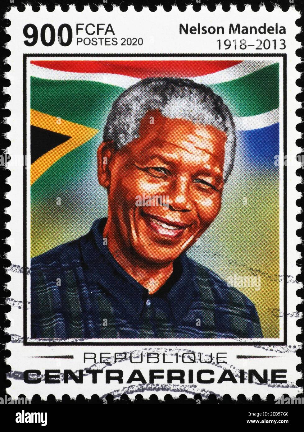 Nelson Mandela und südafrikanische Flagge auf Briefmarke Stockfoto