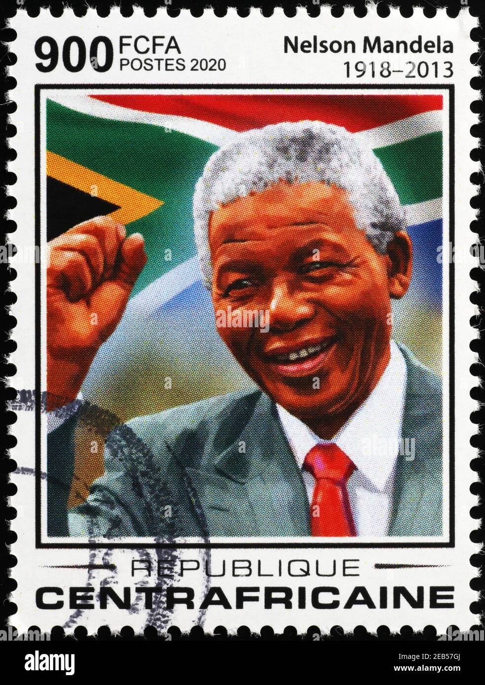 Nelson Mandela und südafrikanische Flagge auf Briefmarke Stockfoto