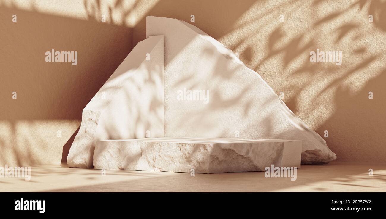 Minimal abstrakter kosmetischer Hintergrund mit Steinplatten Podium für Produktpräsentation. Sonnenschirmschatten an beigefarbener Wand. 3D Rendering-Modell. Stockfoto