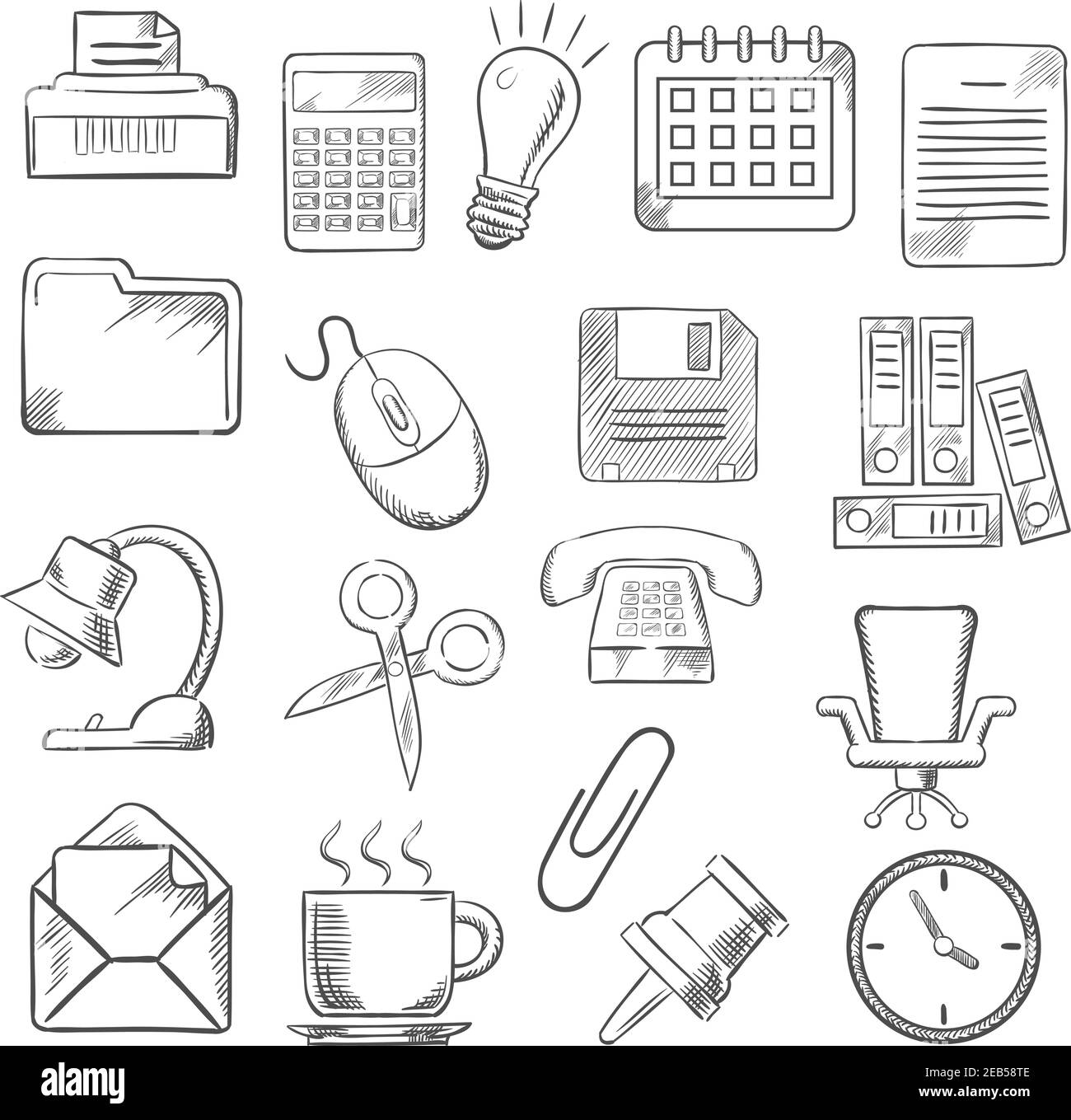 Business und Büro Skizzen Symbole mit Glühbirne, Telefon, Kalender-Rechner und Maus, Mail und Ordner, Dokumente und Uhr, Kaffee und Stuhl, Shred Stock Vektor
